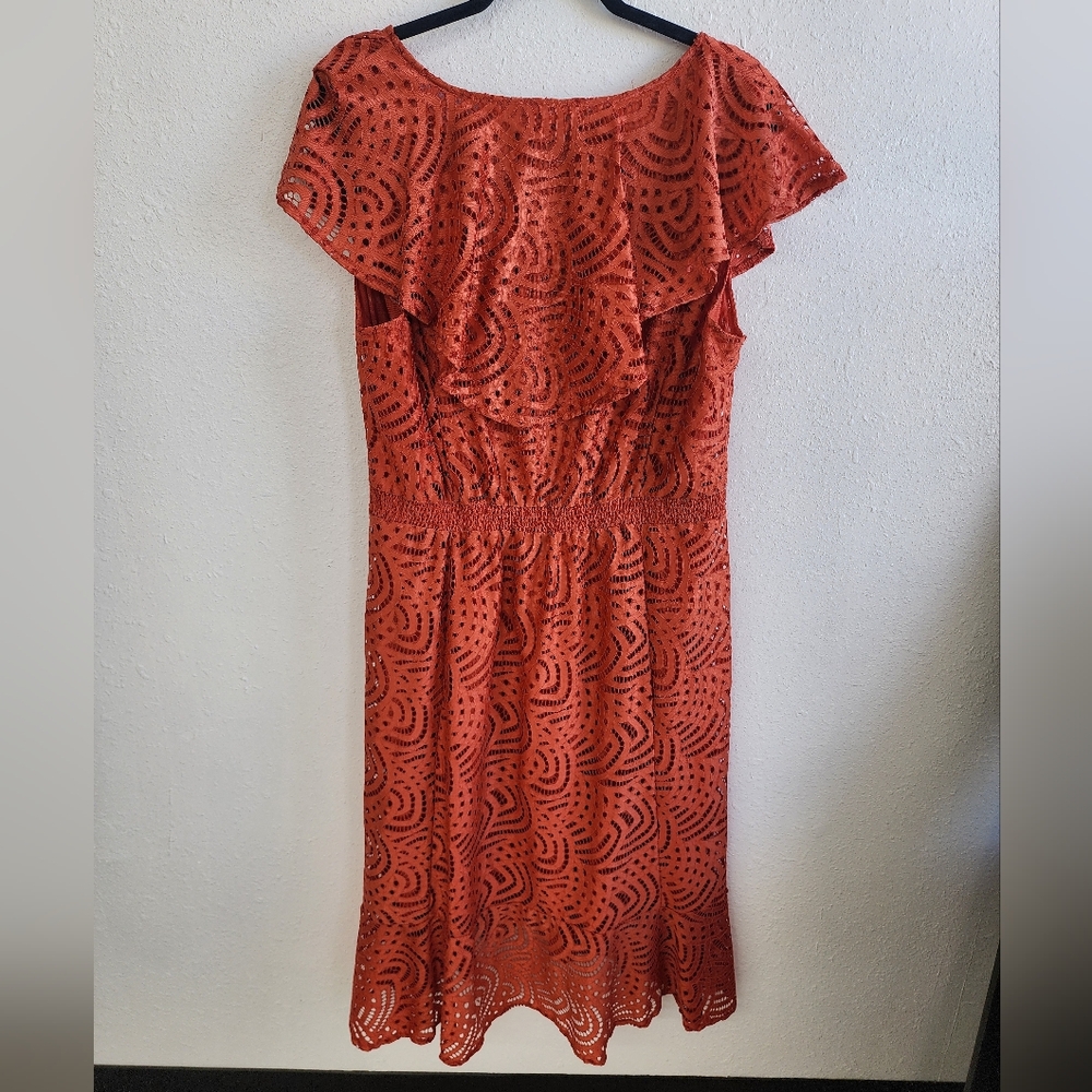 Reba Rust Orange Eyelet Ruffle Midi Dress Size XL - Picture 3 of 6